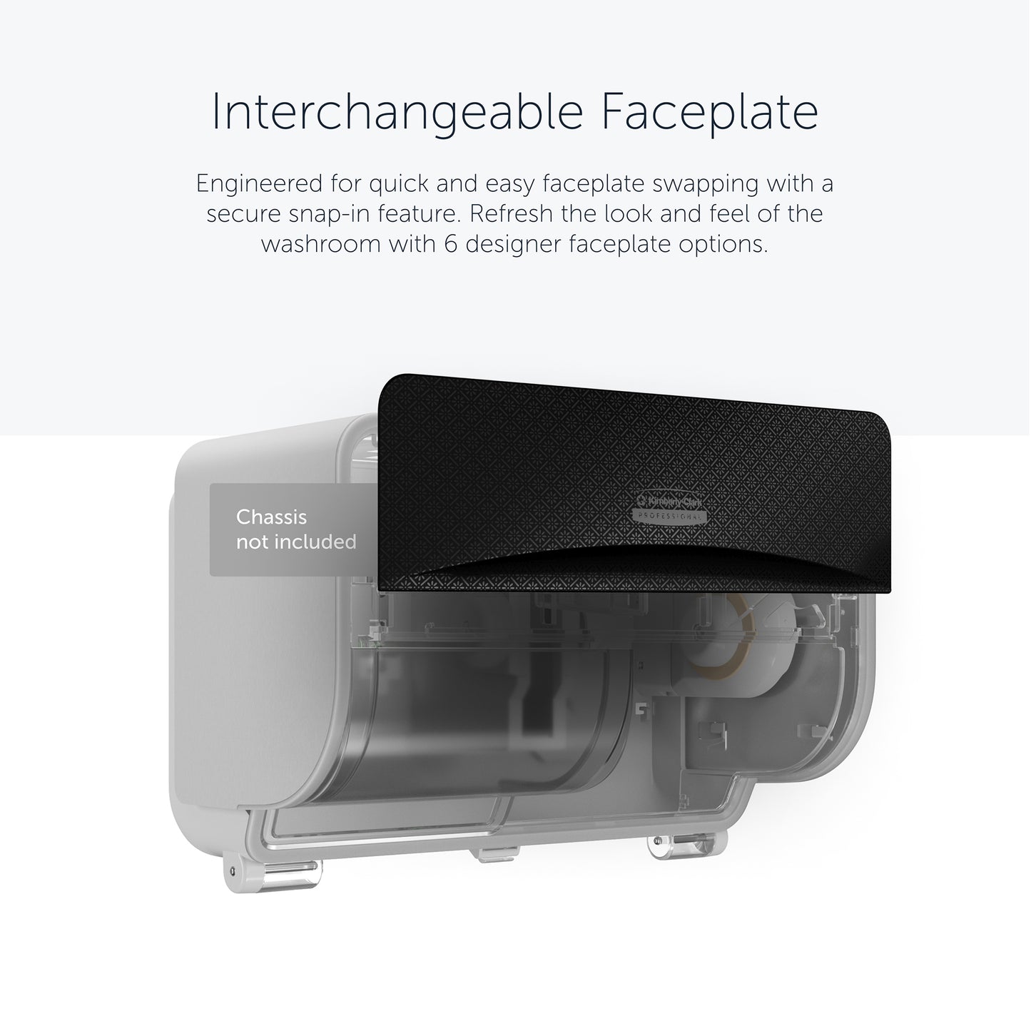 Die Kimberly-Clark Professional™ Icon™ Dispenser Faceplate - SRBH (32,39 x 10,80 x 3,18 cm) von Kimberly-Clark GmbH wird auf das transparente Icon Spendergehäuse aufgeschnappt; sechs Designoptionen verfügbar. Chassis nicht enthalten.