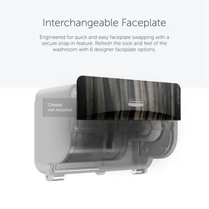 Eine Kimberly-Clark Professional™ Icon™ Dispenser Faceplate - SRBH (32,39 x 10,80 x 3,18 cm) der Kimberly-Clark GmbH ist an einem Papierhandtuchspender angebracht und zeigt die sichere Einrastfunktion, das robuste Design und die zahlreichen Designoptionen.