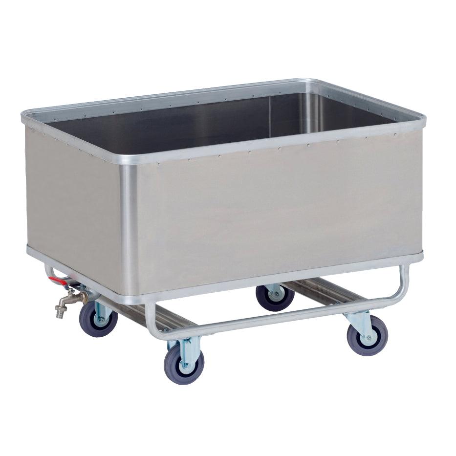 Der Novocal Transportcontainer ist ein rechteckiger Aluminium, wasserdichter Wagen mit vier blauen Lenkrollen und einem Ablassventil, ideal für die industrielle oder kommerzielle sichere Handhabung von Flüssigkeiten. Packung: 1 Stück. Marke: Novocal.