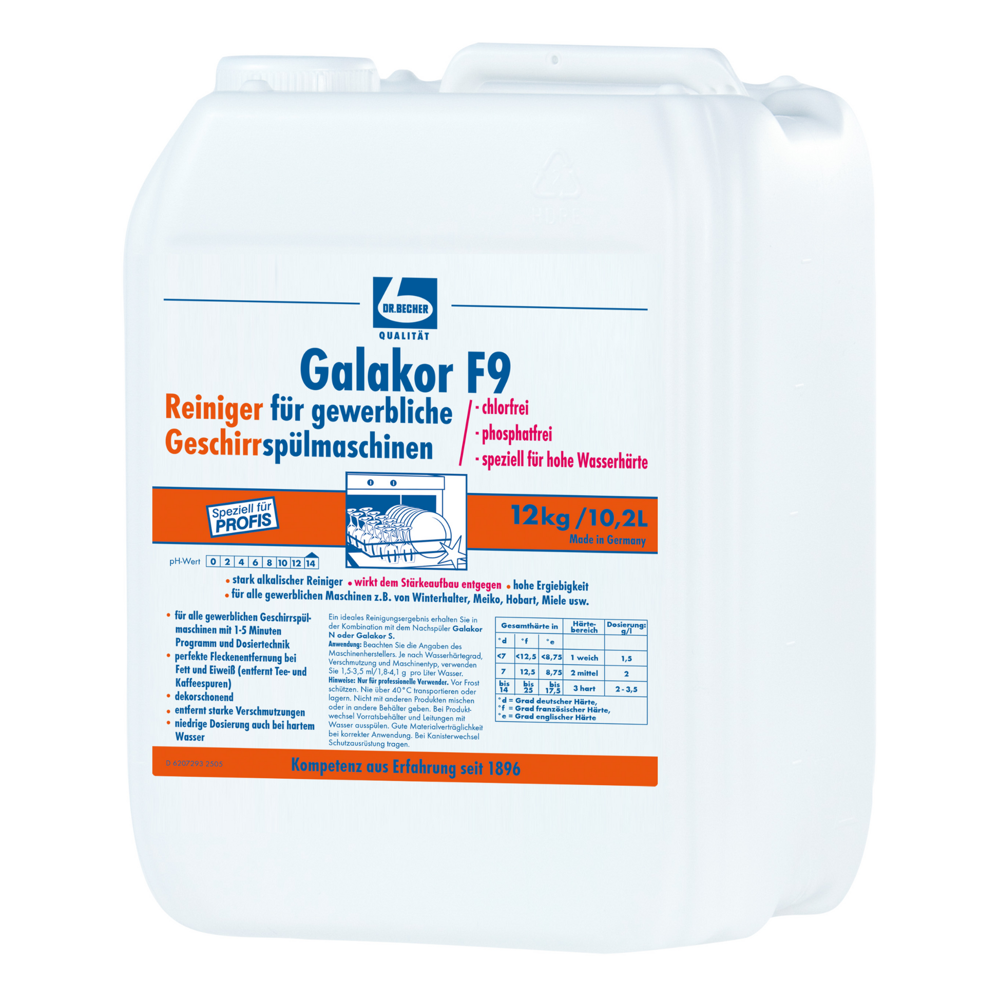 Ein weißer 12-kg-Kunststoffkanister der Dr. Becher GmbH mit der Aufschrift "Dr. Becher Galakor F9 Geschirrreiniger", auf dessen Vorderseite Produktinformationen und Anleitungen in deutscher Sprache für gewerbliche Geschirrspüler aufgedruckt sind.