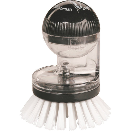 Die KNOPFBÜRSTE M.SPENDER,NYL.6.6 WEIß,ø0,40MM,TRANSPAR.KLAR von Haug Bürsten KG verfügt über weiße Nylonborsten und einen transparenten Griff mit Spender - perfekt für die Reinigung von Kleidungsknöpfen.