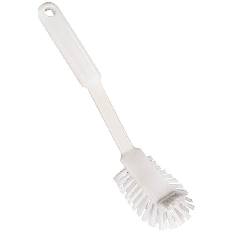 A Haug Bürsten KG SANFTE KRATZBÜRSTE egy fehér Nylon 6.6 mosó kefe (ø 0,40mm, közepes) hosszú nyéllel és akasztólyukkal, ideális a kíméletes tisztításhoz. Méret: 275x60x20 mm.