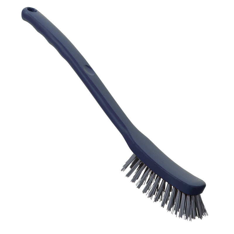 Die METDEC PREM. UNIVERSALBÜRSTE PBT von Haug Bürsten KG ist eine grau-blaue Reinigungsbürste (296x25x23mm) mit langem, abgewinkeltem Griff und steifen Borsten, abgebildet auf weißem Hintergrund.