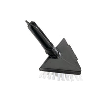 Schwarze Reinigungsbürste aus Kunststoff von Haug Bürsten KG mit dreieckigem ERSATZKOPF DREIECK PBT ø0,35MM MITTEL (für 15090/15190/15390), mit abgewinkeltem Griff und weißen Borsten. Abgebildet auf einfarbig weißem Hintergrund.