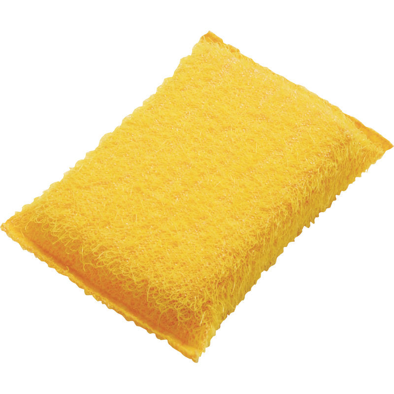 A képen egy sárga téglalap alakú ABRAZÍV SZIVACS, KICSI a Haug Bürsten KG-tól (130x85x30mm, PP, kemény) látható, strukturált rostos dörzsölő felülettel fehér háttéren.