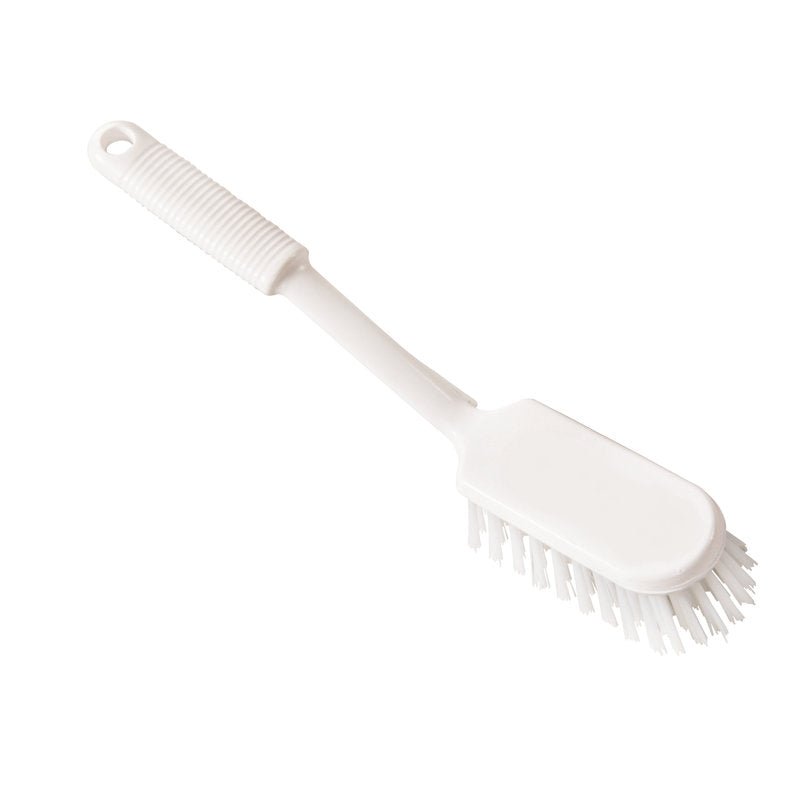 A Haug Bürsten KG STIELSCHEUERBÜRSTE átlátszó, merev PBT-sörtékkel (ø 0,50mm), 290x45x24mm, texturált fogantyúval és akasztólyukkal, ovális fejjel rendelkezik. Egyszínű fehér háttéren fényképezve.