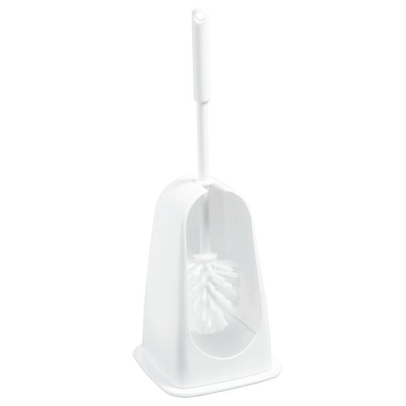 A Haug Bürsten KG WC-GARNITUR SZÖGLETES,KEFE 6130 FEHÉR (145x145x375mm) egy fehér WC-kefe hosszú nyéllel nyitott tartóban - ideális a fürdőszoba rendben tartásához.