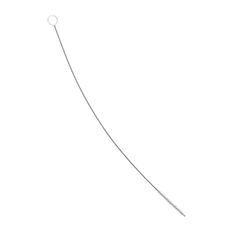 A Haug Bürsten KG TÖMLŐKEFE, PBT átlátszó Ø0,20mm kemény, 350 x Ø5 x 50mm egy hosszú, vékony fémkefe hurkos fogantyúval és szögletes PBT sörtékkel, ideális tömlők és csövek tisztítására; fehér háttéren ábrázolva.