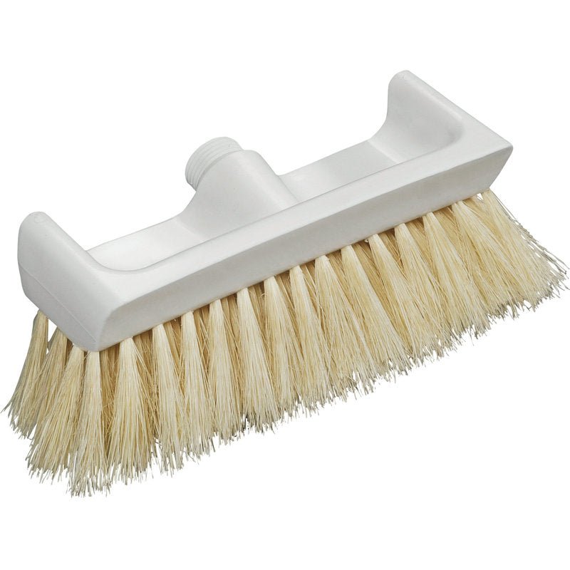 A Haug Bürsten KG FEHÉR MŰANYAG SÚROLÓFEJE KEMÉNY TERMÉSZETES SZÁLAS SÖRTÉKKEL ÉS MENETES FÚRATTAL A NYÉL RÖGZÍTÉSÉHEZ, 270X100X65MM MÉRETBEN.