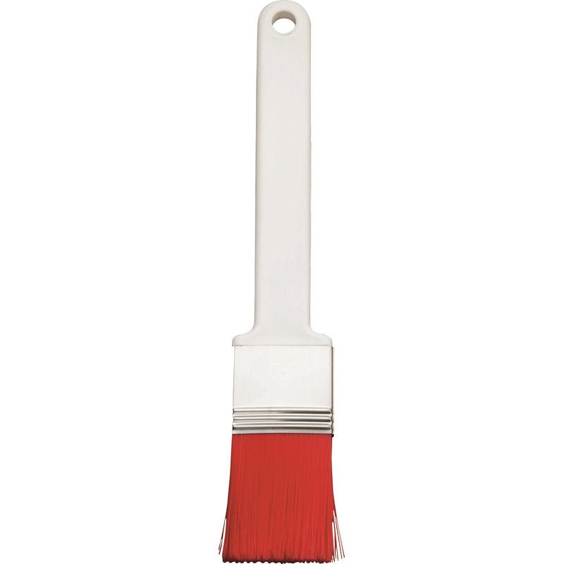 A FLACHPINSEL, PBT PIROS HEGYEZETT, ø 0,25MM a Haug Bürsten KG-tól fehér műanyag nyéllel, fém foglalattal és piros PBT-sörtékkel rendelkezik - tökéletes finom festési munkákhoz - egyszerű fehér háttéren.
