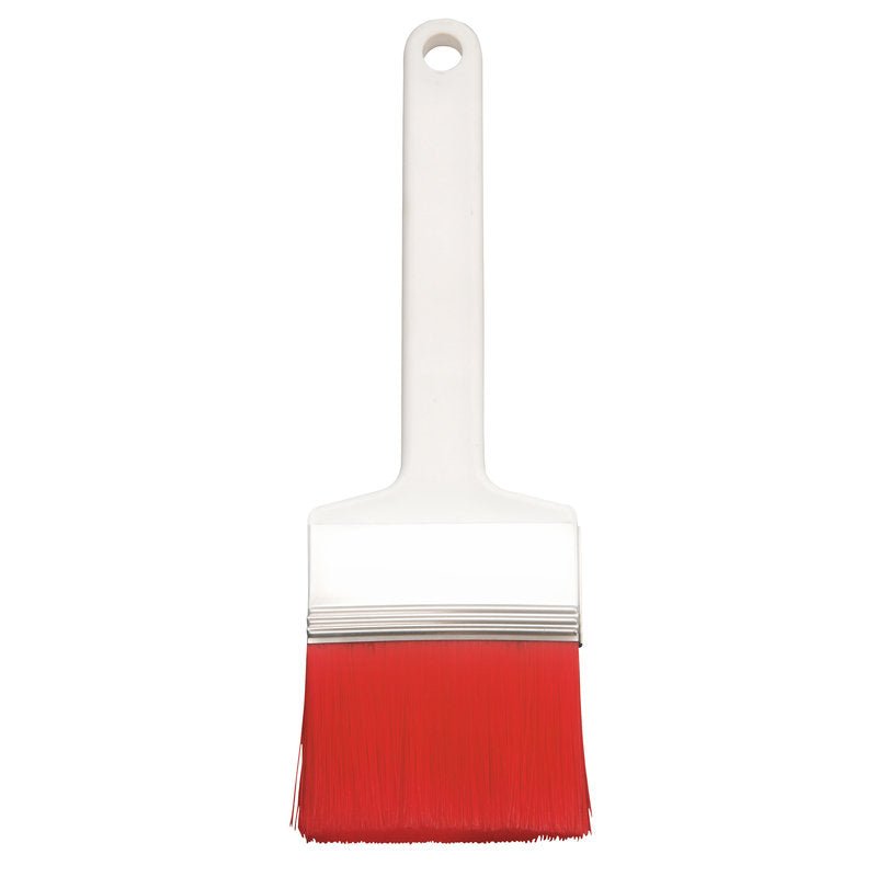 A FLACHPINSEL, PBT PIROS HEGYEZETT (ø 0,25mm) a Haug Bürsten KG-tól piros PBT-sörtékkel és fehér műanyag nyéllel rendelkezik, amelyen akasztólyuk van - ideális festési munkákhoz és egy egyszerű háttéren.