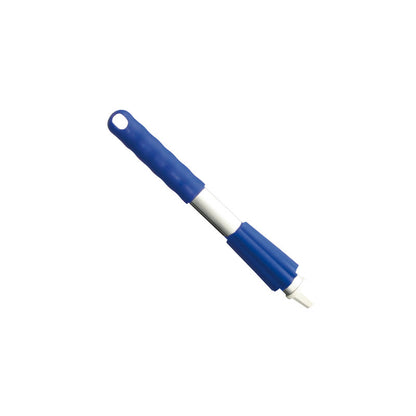 Eine Nahaufnahme der Haug Bürsten KG KURZ-ALUSTIEL, 300MM, KAPPE UND ÜBERWURFMUTTER Reinigungsbürste mit blauem Griff und weißen Borsten. Der Griff ist mit einem Loch zum Aufhängen versehen, alles vor einem schlichten weißen Hintergrund.