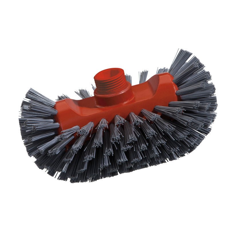 A Haug Bürsten KG METAL DETECT KESSELBÜRSTE, PBT szürke, Ø0,60mm (200x125x35mm) közeli képe a sűrű, merev sörtéket és a nyél rögzítésére szolgáló menetes lyukat mutatja, ideális fém tisztítására, fehér háttér előtt.