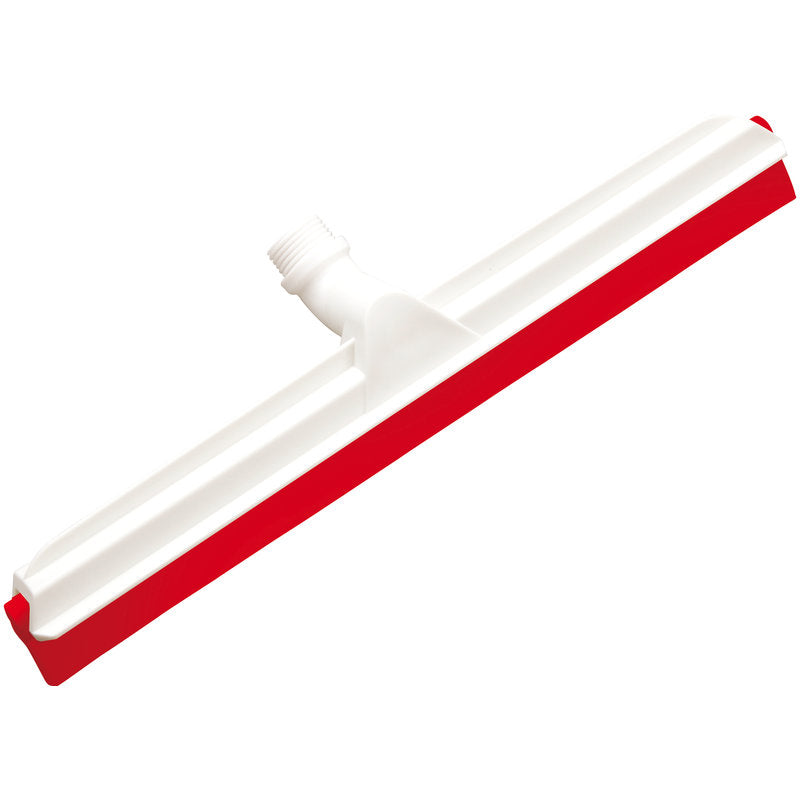 A Haug Bürsten KG KÉT AJKÚ ÉLELMISZERIPARI CSUKLÓS VÍZLEHÚZÓ, 560x43x22mm, egy fehér műanyag padlólehúzó piros gumilappal és menetes rögzítéssel, ideális az élelmiszeripar számára.