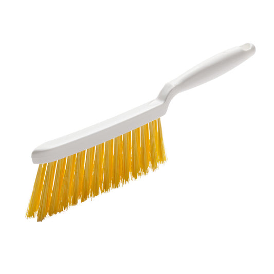 Der HANDBESEN,PBT GELB GESCHLITZT ø 0,25MM WEICH, 280X15X50 MM von Haug Bürsten KG hat einen weißen Griff und weiche gelbe Borsten, die auf einem einfarbig weißen Hintergrund abgebildet sind - ideal für zuverlässige Reinigungsaufgaben.