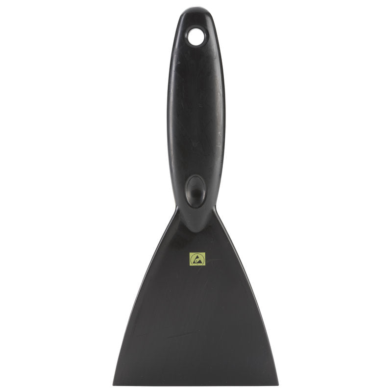 A Haug Bürsten KG ESD spatula, PP, fekete (250x110x18mm) széles, lapos pengével, lekerekített fogantyúval és akasztólyukkal rendelkezik, valamint védelmet nyújt az elektrosztatikus kisülés ellen. Fehér háttér előtt ábrázolva.