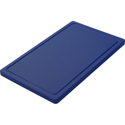 Egy egyszínű kék Haug Bürsten KG KICSI VÁGÓDESZKA (PE, csúszásmentes, 500x300x20mm) megemelt peremmel és csúszásmentes felülettel, fehér háttér előtt ábrázolva.