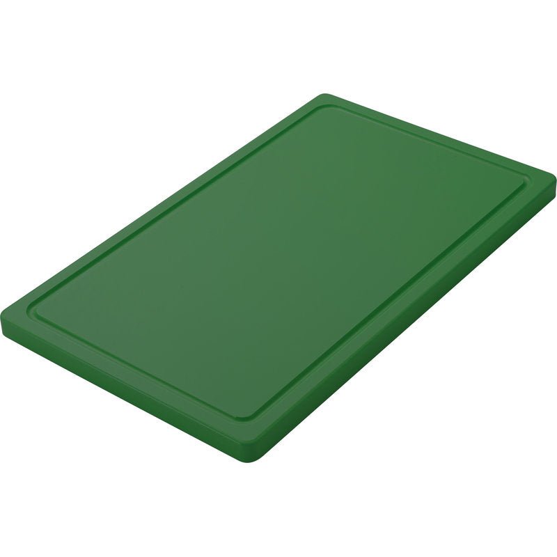 A Haug Bürsten KG KICSI VÁGÓDESZKA egy egyszínű zöld, téglalap alakú, csúszásmentes PE vágódeszka (500x300x20mm) lekerekített szélekkel és enyhén megemelt peremmel, fehér háttér előtt ábrázolva.