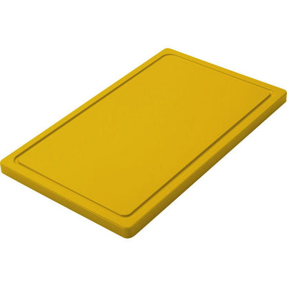 Egy téglalap alakú sárga KICSI VÁGÓDESZKA (500x300x20mm, PE, csúszásmentes) a Haug Bürsten KG-tól fehér alapon ábrázolva. A széle közelében található horony további funkcionalitást biztosít.