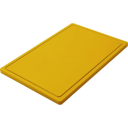 Egy nagy sárga NAGY VÁGÓDESZKA, PE, csúszásmentes (600x400x20mm) a Haug Bürsten KG-tól emelt élekkel és csúszásmentes felülettel, fehér háttér előtt bemutatva.