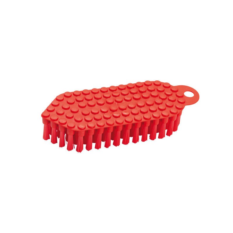 Egy piros Haug Bürsten KG FLEXO-KEFE, PBT ø 0,35MM KÖZEPES (190x70x25 mm) tisztítókefe merev sörtékkel és egy fogantyúval, amelynek texturált, kiemelkedő pöttyös mintázata van a tetején, valamint egy lyuk az akasztáshoz.