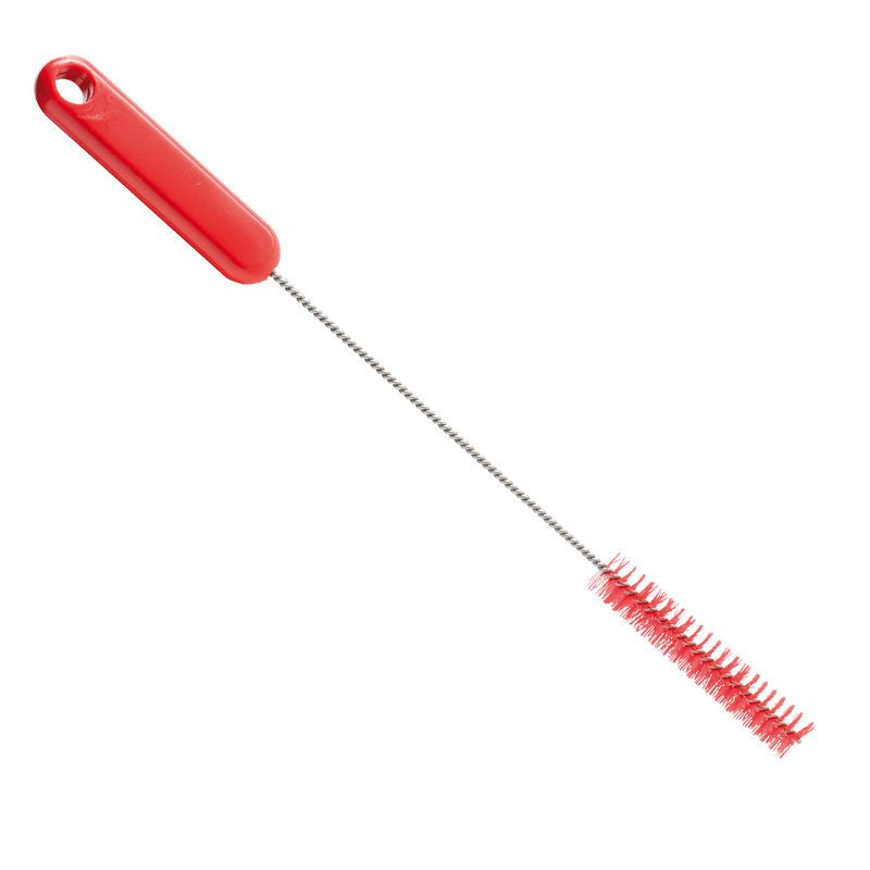 A ROHRBÜRSTE ø 0,35MM HART (305xø15x80mm) a Haug Bürsten KG-tól piros műanyag fogantyúval és tartós piros sörtékkel rendelkezik egy hosszú fémrúdon, ideális szűk vagy nehezen elérhető helyek tisztítására és makacs szennyeződések eltávolítására.
