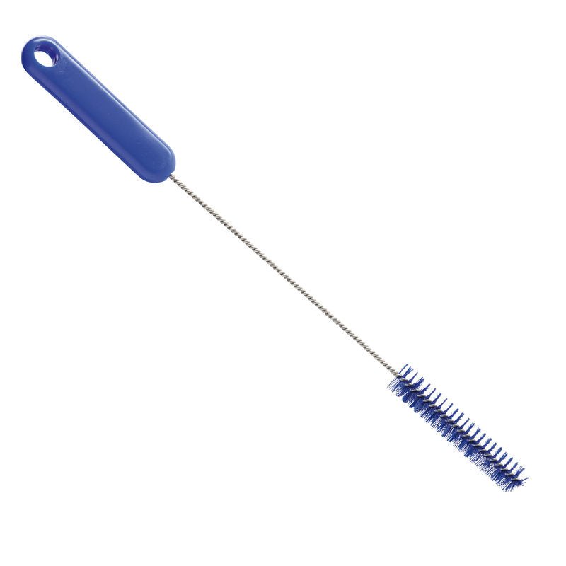 A Haug Bürsten KG ROHRBÜRSTE, ø 0,35MM HART, 305Xø15X80MM kék fogantyúval rendelkezik akasztólyukkal és hosszú, vékony szárral, hengeres sörtékkel - ideális csőtisztításhoz és makacs szennyeződések eltávolításához.