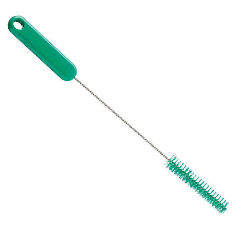 A ROHRBÜRSTE, ø 0,35MM HART, 305Xø15X80MM a Haug Bürsten KG-tól zöld műanyag fogantyúval, hosszú fémrúddal és hengeres zöld sörtékkel rendelkezik - ideális csőtisztításhoz és makacs szennyeződések eltávolításához szűk tartályokból.