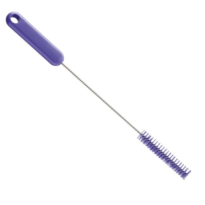 A ROHRBÜRSTE ø 0,35MM HART, 305Xø15X80MM a Haug Bürsten KG-tól hosszú fémrúddal rendelkezik lila műanyag fogantyúval és rövid, merev hengeres sörtékkel - ideális csőtisztításhoz és makacs szennyeződések eltávolításához.