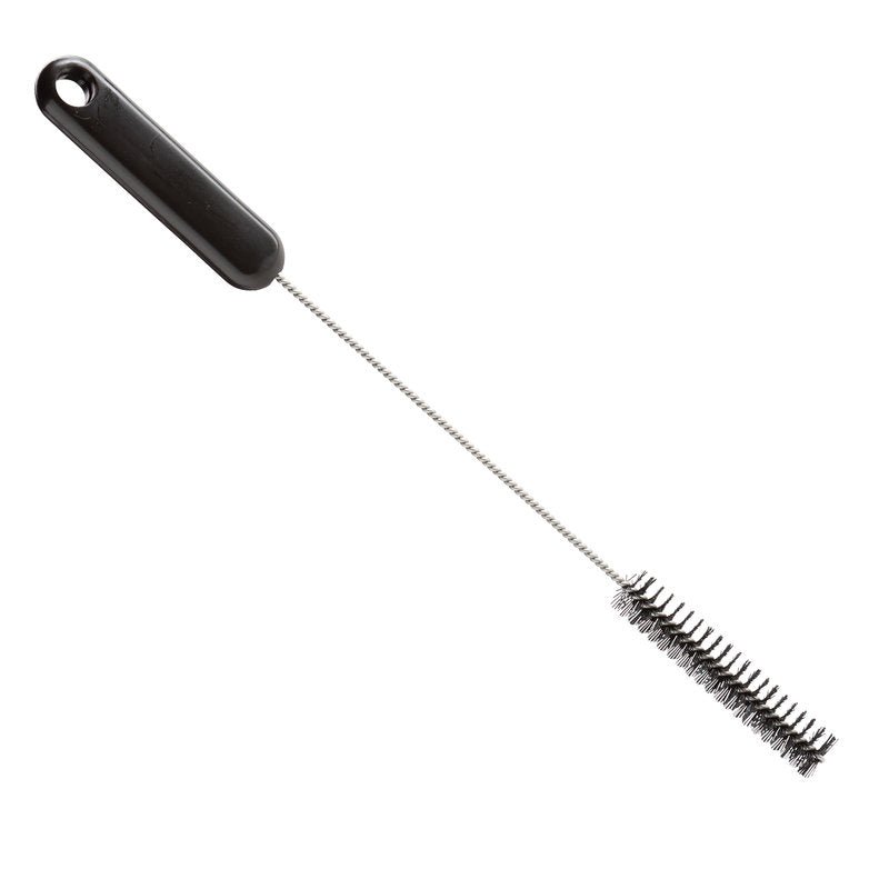 A Haug Bürsten KG ROHRBÜRSTE, ø 0,35MM HART, 305Xø15X80MM hosszú csavart fémrúddal, fekete műanyag fogantyúval és szilárd hengeres sörtékkel rendelkezik - ideális csőtisztításhoz és makacs szennyeződések eltávolításához.