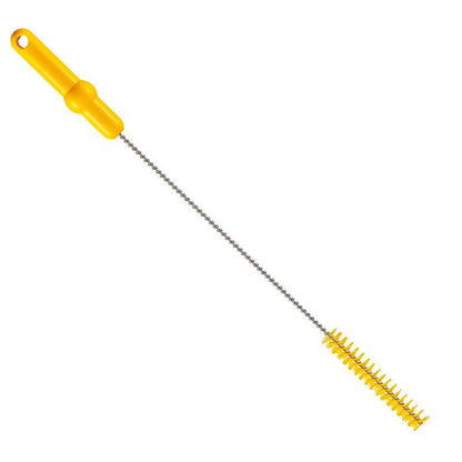 A Haug Bürsten KG ROHRBÜRSTE, Ø 0,50MM HART 500XØ 20MM sárga fogantyúval, hosszú fém szárral és spirálisan elhelyezkedő sárga sörtékkel rendelkezik - tökéletes a csőtisztításhoz és a keskeny tartályok tisztításához.
