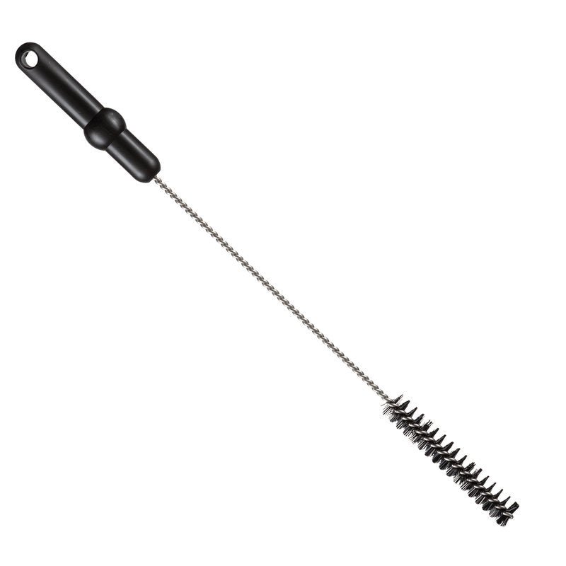 A Haug Bürsten KG ROHRBÜRSTE, Ø 0,50MM HART 500XØ 20MM, egy hengeres tisztítókefe merev fekete sörtékkel, sodrott fém szárral és fekete műanyag fogantyúval, akasztólyukkal - tökéletes a hatékony csőtisztításhoz.