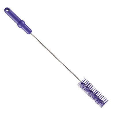 A Haug Bürsten KG ROHRBÜRSTE, ø 0,50MM KÖZEPES, 500Xø40MM lila műanyag fogantyúval, hosszú csavart fém nyéllel és sűrű hengeres lila sörtékkel rendelkezik, ideális csőtisztító kefeként és fehér háttér előtt.