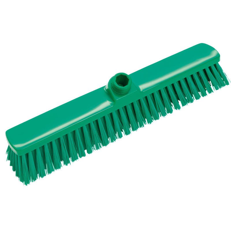 A GROßRAUMBESEN, 400X60X50MM a Haug Bürsten KG-tól egy zöld seprűfej merev, egyenes sörtékkel és központi nyélnyílással - ideális nagy területek söprésére és padlótisztításra alkalmas.