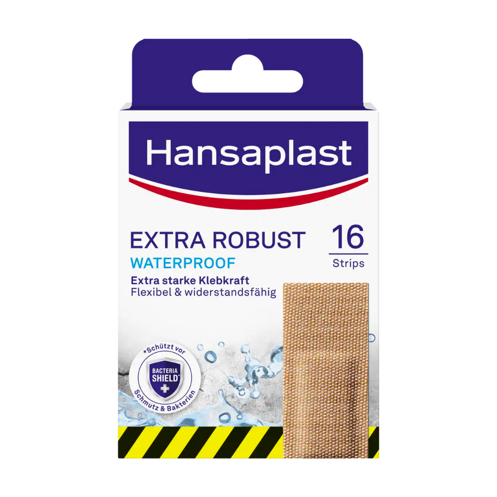 Egy doboz Hansaplast Extra Robust Waterproof sebtapasz a Beiersdorf AG-tól, 16 textil sebtapasszal. A csomagolás kiemeli a tapaszok erős tapadóképességét, rugalmasságát és ellenálló képességét a Hi-DRY TEX technológiával.