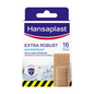 Egy doboz Hansaplast Extra Robust Waterproof sebtapasz a Beiersdorf AG-tól, 16 textil sebtapasszal. A csomagolás kiemeli a tapaszok erős tapadóképességét, rugalmasságát és ellenálló képességét a Hi-DRY TEX technológiával.