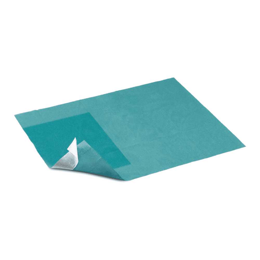 Ein einzelnes steriles Hartmann Foliodrape® Abdecktuch selbstklebend 50x50 cm der Paul Hartmann AG ist mit einer Ecke abgezogen, so dass die weiße Rückseite sichtbar wird. Das Abdecktuch ist auf einem weißen Hintergrund platziert. Packung: 90 Stück.