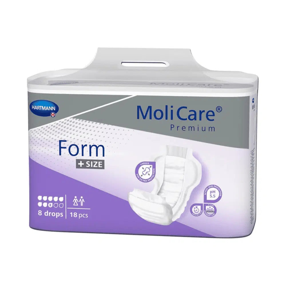 A kifutó termék: Hartmann MoliCare® Premium Form +SIZE betét, 8 csepp, 20 darab (Paul Hartmann AG), többnyire fehér és lila csomagolásban, párna képpel - ideális túlsúlyosok számára.