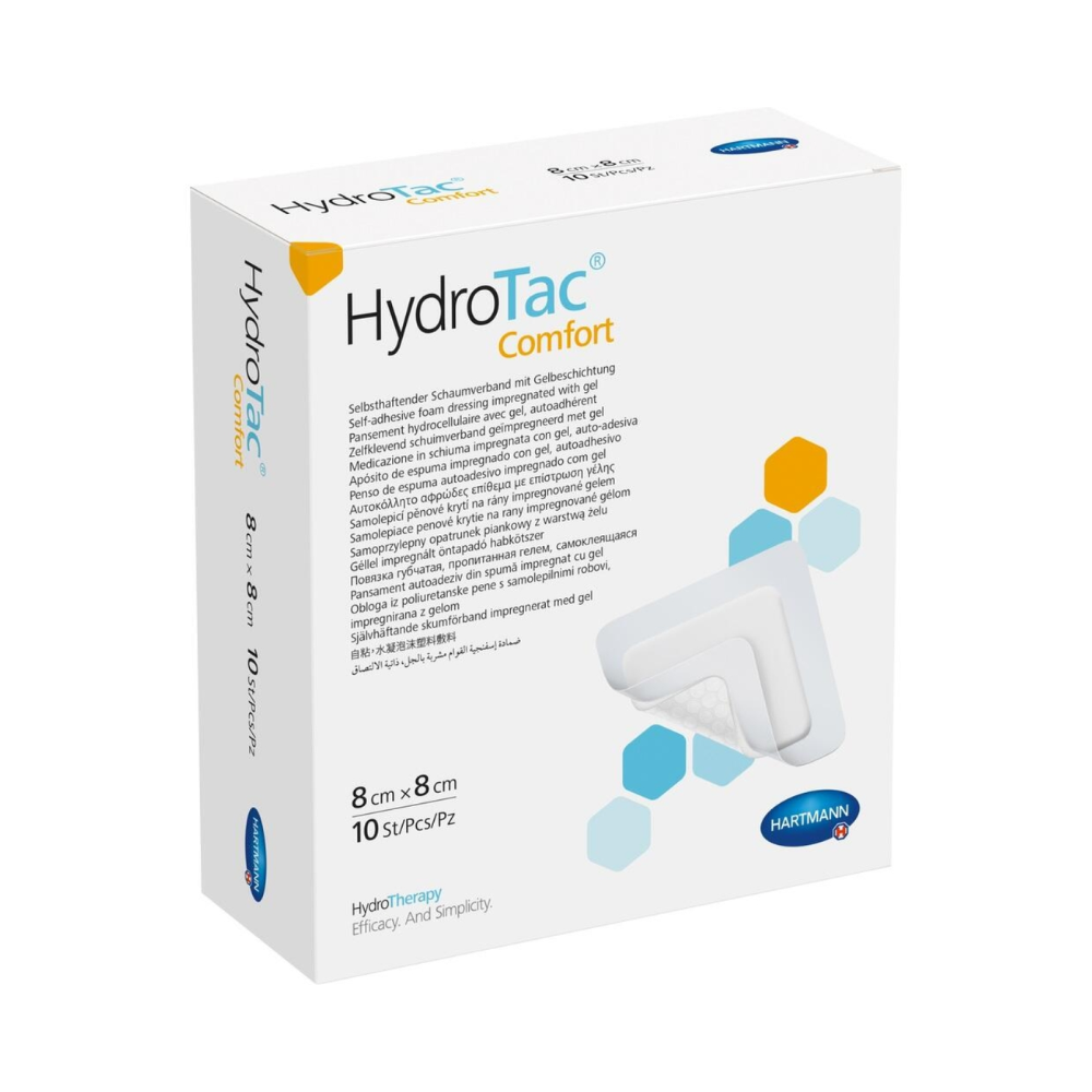 A Hartmann HydroTac Comfort 8x8cm sebpárnák többnyelvű szöveggel, a sebpárna képével kék háttéren és a Paul Hartmann AG logójával az alján vannak ellátva. A csomag 10 darabot tartalmaz.