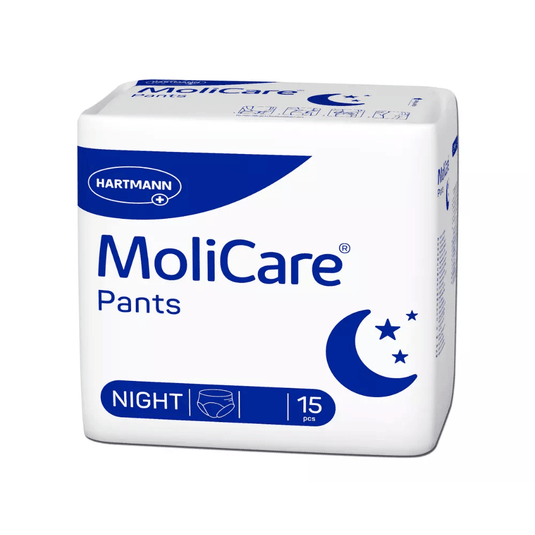 A Paul Hartmann AG által gyártott Hartmann MoliCare Pants Night inkontinencia-nadrágok diszkrét, fehér-kék csomagolásban kaphatók, amelyen félholdak és csillagok, valamint a feltűnő „Night” felirat látható. Húgyinkontinencia kezelésére tervezték őket, diszkrét védelmet nyújtanak, és egy csomagban 15 darab található.