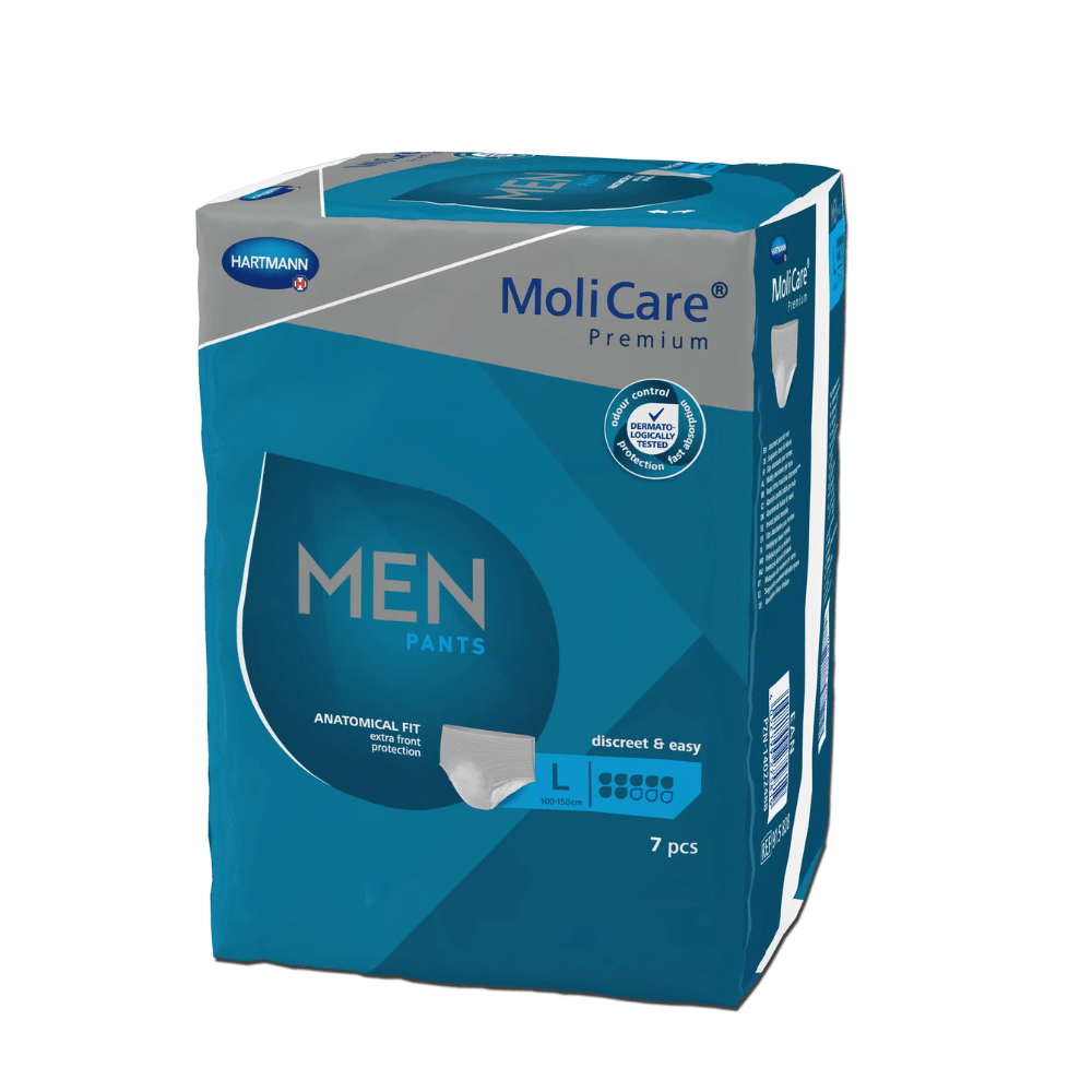 A Paul Hartmann AG Hartmann MoliCare® Premium MEN PANTS inkontinencia nadrág csomagolása Large méretben, 7 darabot tartalmaz. A kék csomagolás fehér szöveggel hangsúlyozza a termék anatómiai illeszkedését és a diszkrét, egyszerű védelmet a férfi hólyaggyengeséggel szemben.