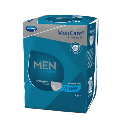 A képen a Paul Hartmann AG Hartmann MoliCare® Premium MEN PANTS inkontinencia nadrág látható férfiak számára hólyaggyengeséggel. A kék csomagolás fehér és ezüst színű akcentusokkal 8 darab M méretű inkontinencia nadrágot tartalmaz. A címke kiemeli az anatómiai illeszkedést és a diszkrét, egyszerű védelmet.