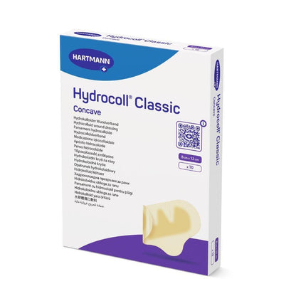 Box Hartmann Hydrocoll® Classic Concave steril (8 x 12 cm, 10 darab) Paul Hartmann AG-tól. Ideális nedves sebkezelésre a granuláció és az epitelizáció elősegítésére. Fehér-kék csomagolás lila akcentussal.