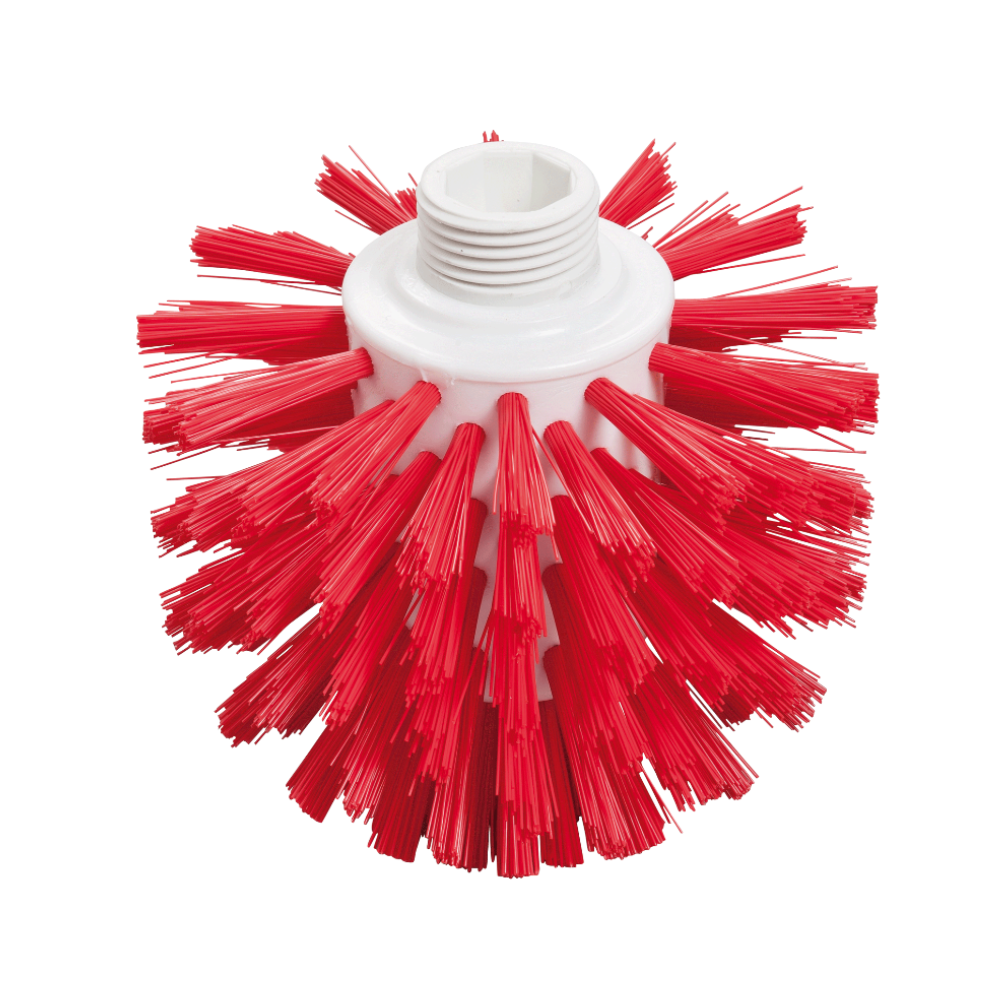 Egy piros Wolfkefe a Haug Bürsten KG-tól higiénikus kialakítással, sűrűn elhelyezett, kemény sörtékkel, amelyek egy fehér műanyag talpból emelkednek ki. A talp menetes nyílással rendelkezik tisztítóeszközhöz való csatlakoztatásra, így tökéletes élelmiszerbiztos környezetekhez.