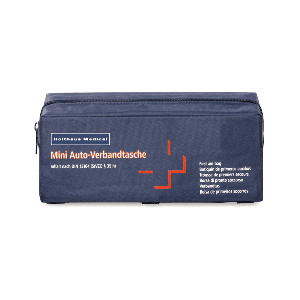 A Holthaus Medical Mini-Verbandtasche Auto, amelyet a Holthaus Medical GmbH & Co. KG gyárt, egy kék elsősegély-táska, amely megfelel a DIN 13164 szabványoknak. Téglalap alakú, cipzárral ellátott, és német, angol, francia és spanyol feliratokkal rendelkezik. A látható feliratok közé tartozik a „Mini Auto-Verbandtasche” és az „Erste-Hilfe-Tasche”, így ideális minden autós vészhelyzethez.