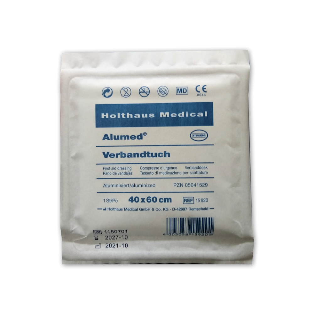 A Holthaus Alumed® kötszer a Holthaus Medical GmbH & Co. KG-tól egy steril csomagolású kötszer az „Alumínium bevonatú” felirattal, amely 40x60 cm-es és egy darabot tartalmaz. A lejárati dátum 2027 októbere.