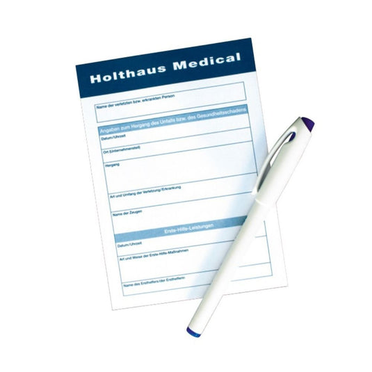 A Holthaus Medical GmbH & Co. KG által kiadott Holthaus Medical jelentési űrlap tartalmazza a pontos dokumentáláshoz szükséges, személyes adatokra és orvosi eseményekre vonatkozó rovatokat. Az űrlapon egy fehér toll látható egyszerű fehér háttér előtt.