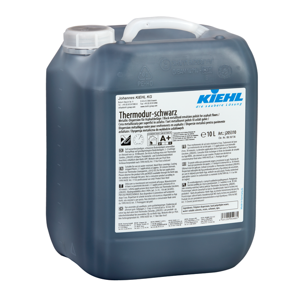 Egy 10 literes Thermodur-fekete univerzális diszperziós kannát a Johannes Kiehl KG-től aszfaltpadlókhoz, sötét műanyag tartályban, fehér fedéllel és címkével, amely felhasználási és biztonsági utasításokat tartalmaz.