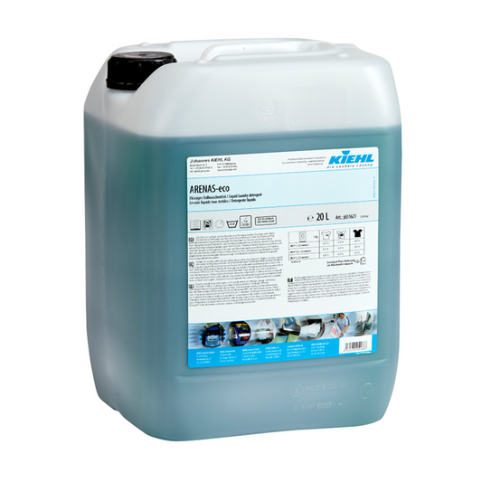 Ein 20-Liter-Behälter aus halbtransparentem Kunststoff mit schwarzem Deckel enthält das blau-grüne Kiehl ARENAS-eco Flüssiges Vollwaschmittel der Johannes Kiehl KG. Auf dem Etikett finden sich Produktangaben, Anwendungshinweise und das Kiehl-Logo.