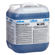 Nagy műanyag tartály a Kiehl Dopomat-forte lúgos ipari tisztítószerhez, a Johannes Kiehl KG fehér kupakkal és fogantyúval, többnyelvű termékinformációkkal és címkén található utasításokkal.